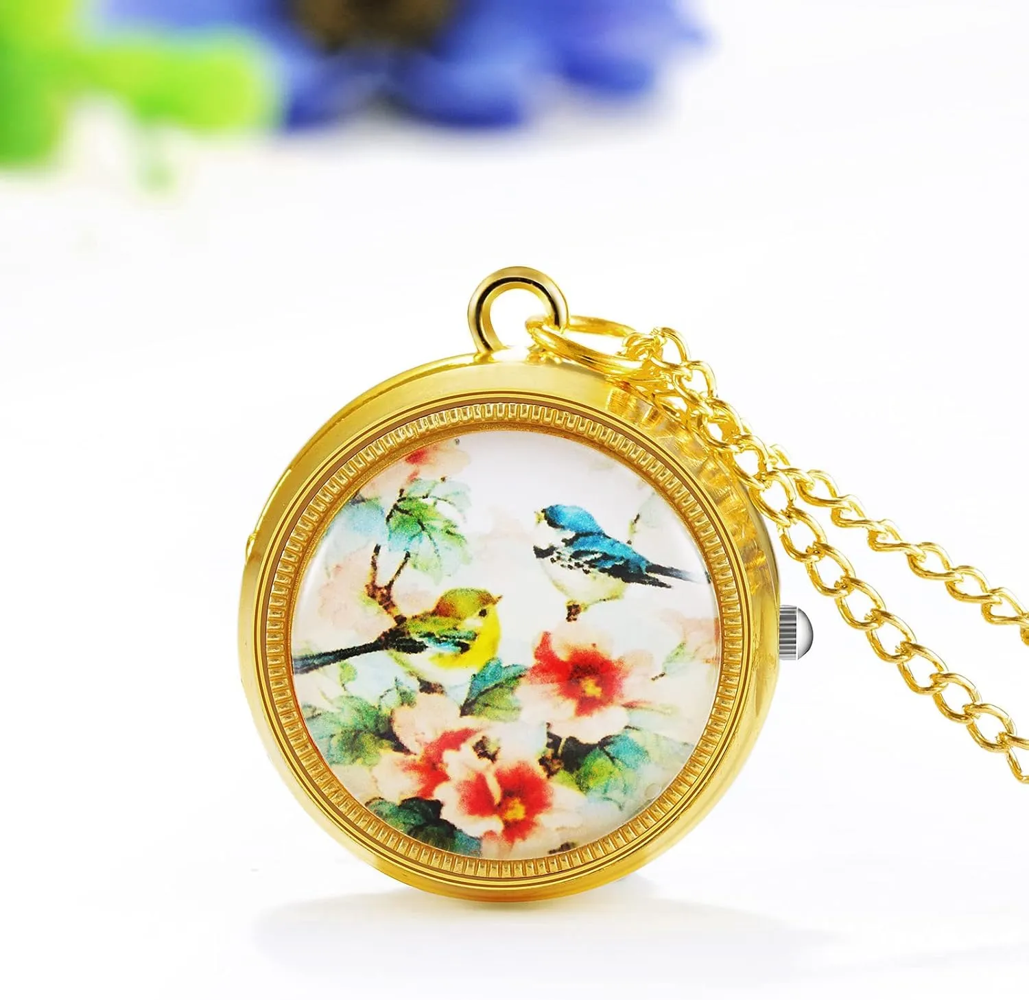 JewelryWe Vintage Pocket Watch for Women - Classic Gold Plated Round Analog Quartz Watch Clock Pendant Necklace with Chain