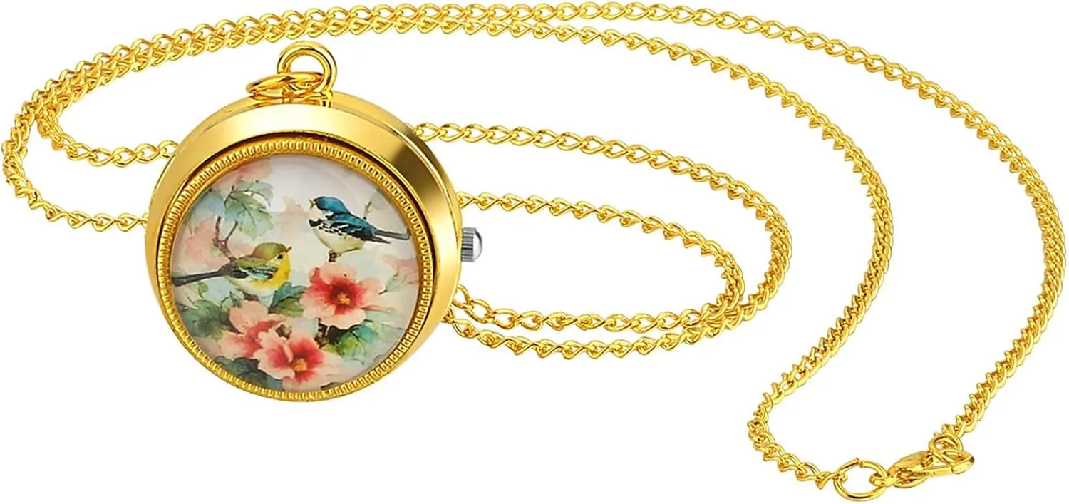 JewelryWe Vintage Pocket Watch for Women - Classic Gold Plated Round Analog Quartz Watch Clock Pendant Necklace with Chain