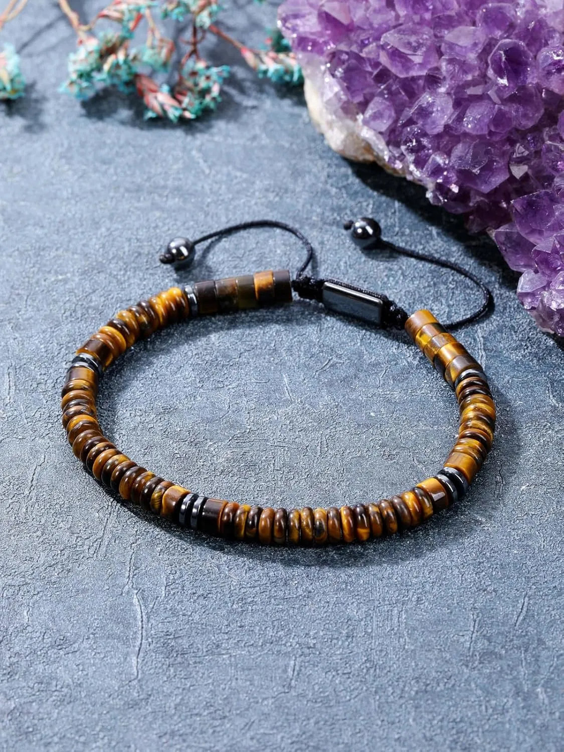 Jovivi Healing Crystal Bracelet for Men Hematite Black Obsidian Tiger Eye Gemstone Beaded Bracelets Adjustable Protection Crystals Natural Stone Beads Bracelet for Men Women Anxiety Relief