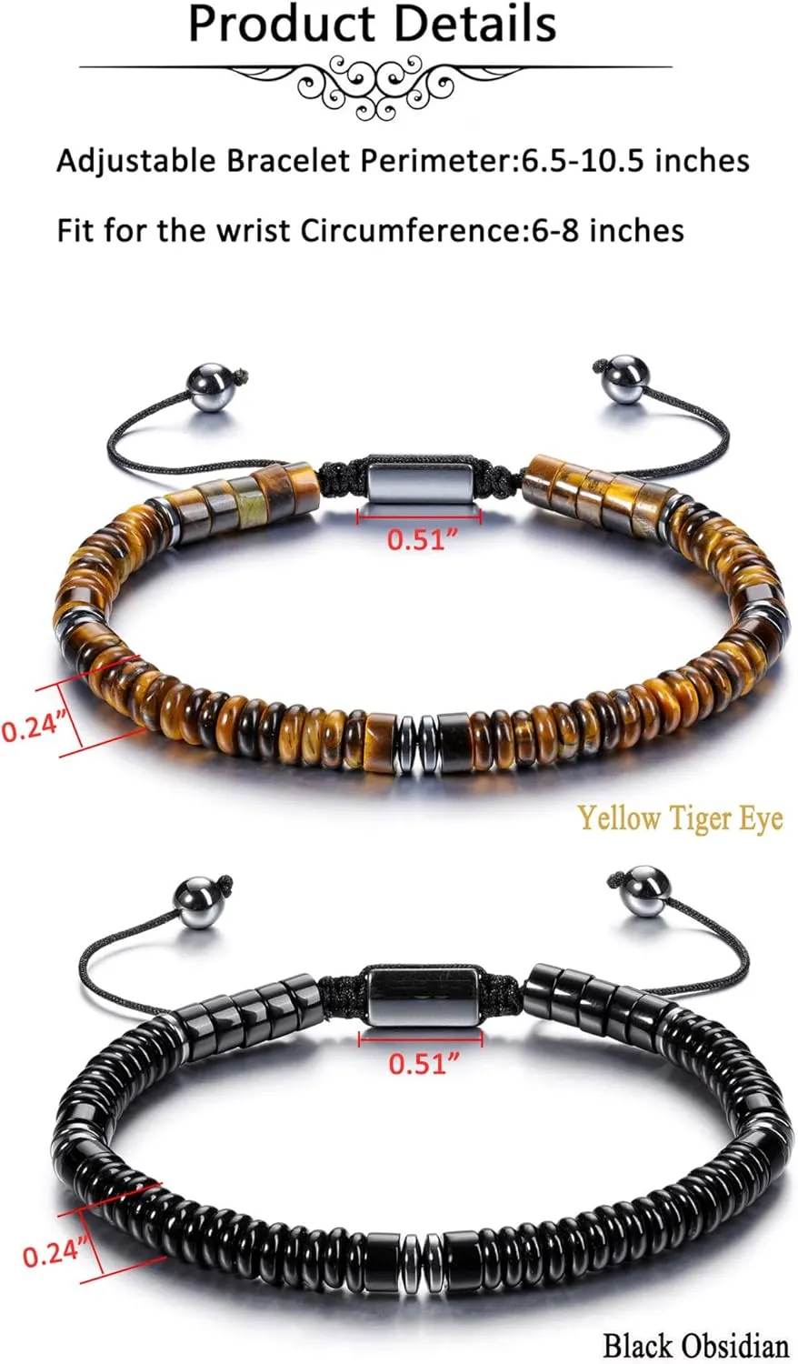 Jovivi Healing Crystal Bracelet for Men Hematite Black Obsidian Tiger Eye Gemstone Beaded Bracelets Adjustable Protection Crystals Natural Stone Beads Bracelet for Men Women Anxiety Relief