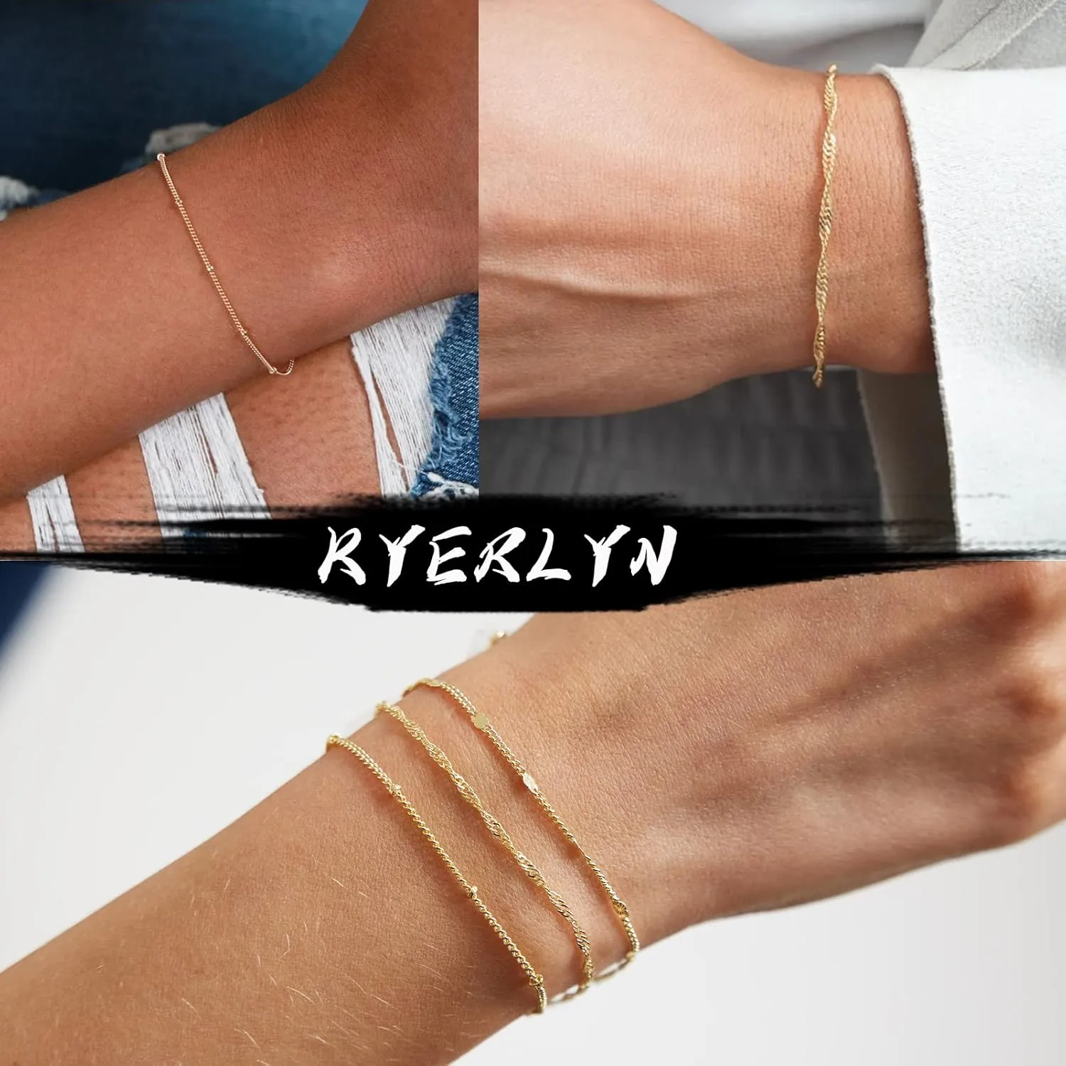 Kyerlyn Gold Bracelets for Women 14K Gold Bracelets Set for Women Dainty Herringbone Twisted Rope Chain Paperclip Link Bracelets Leaf Dot Bracelet Jewelry Gifts for Women