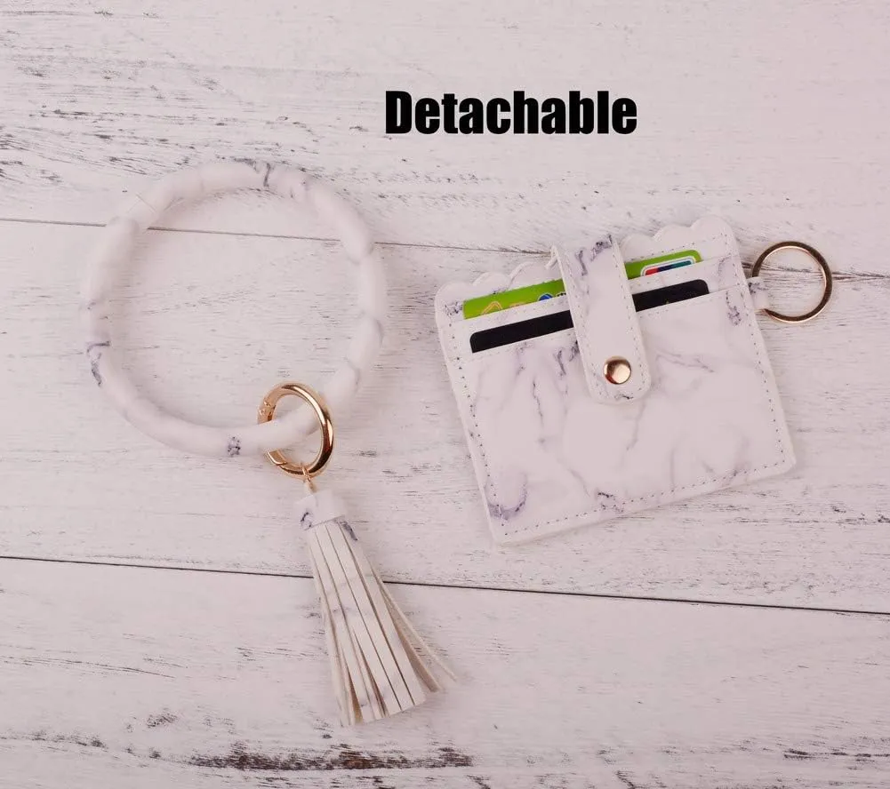 Lantintop Multifunctional Bangle Key Ring Card Holder PU Leather Round Keychain With Matching Wristlet Wallet For Women Girls