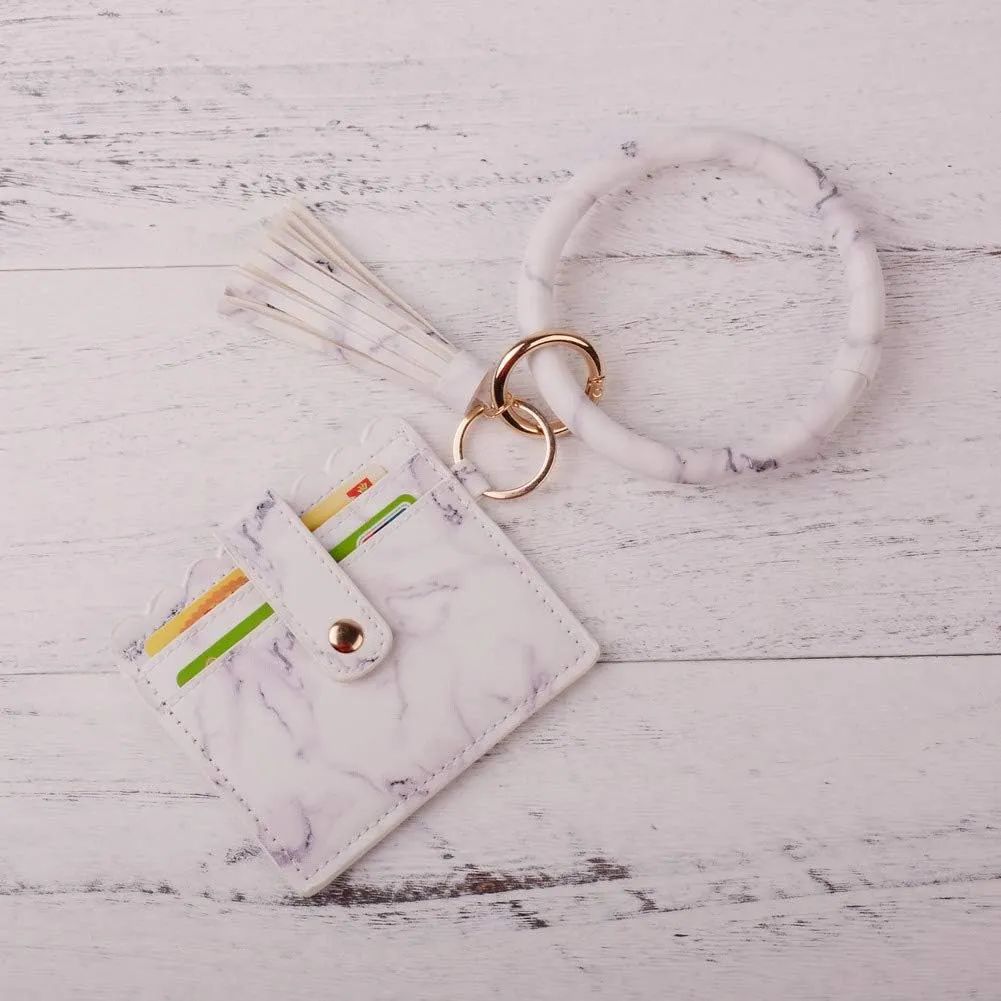 Lantintop Multifunctional Bangle Key Ring Card Holder PU Leather Round Keychain With Matching Wristlet Wallet For Women Girls