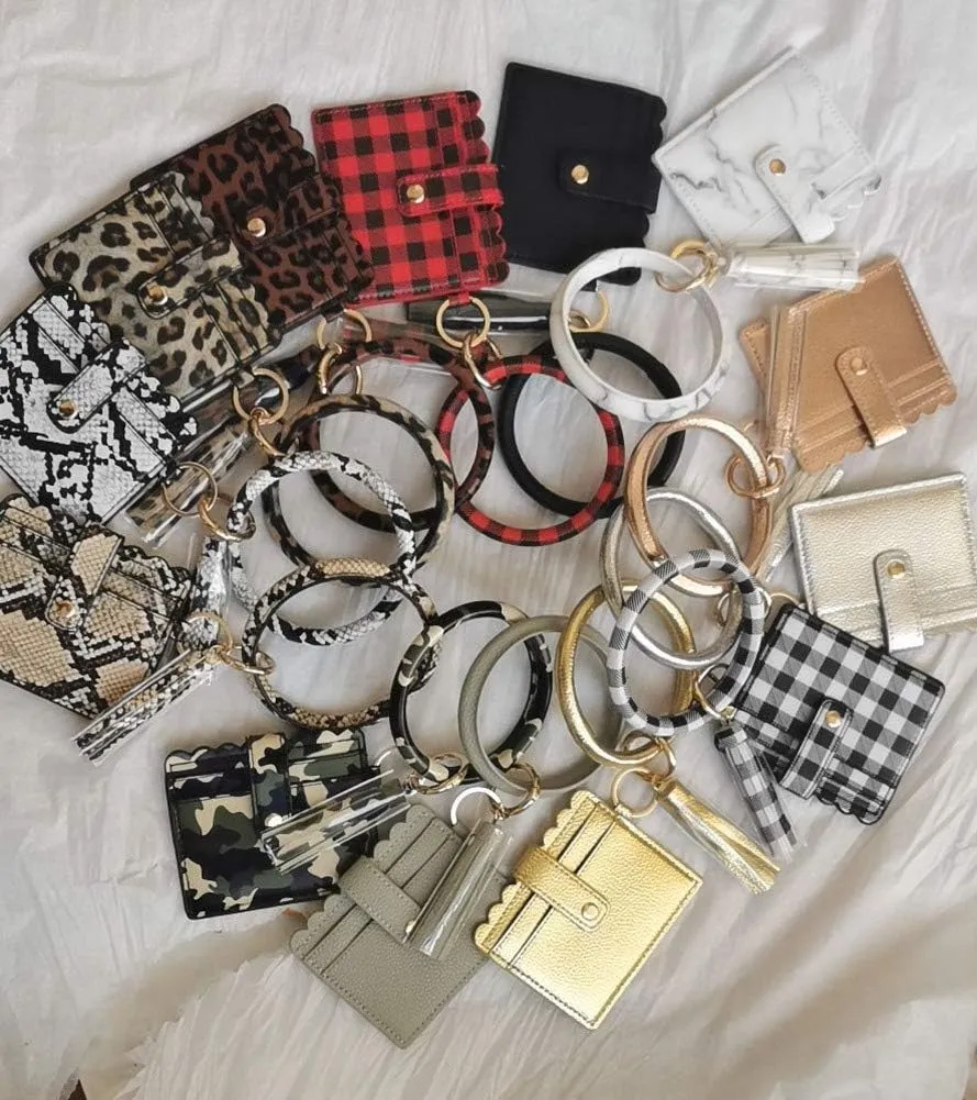Lantintop Multifunctional Bangle Key Ring Card Holder PU Leather Round Keychain With Matching Wristlet Wallet For Women Girls