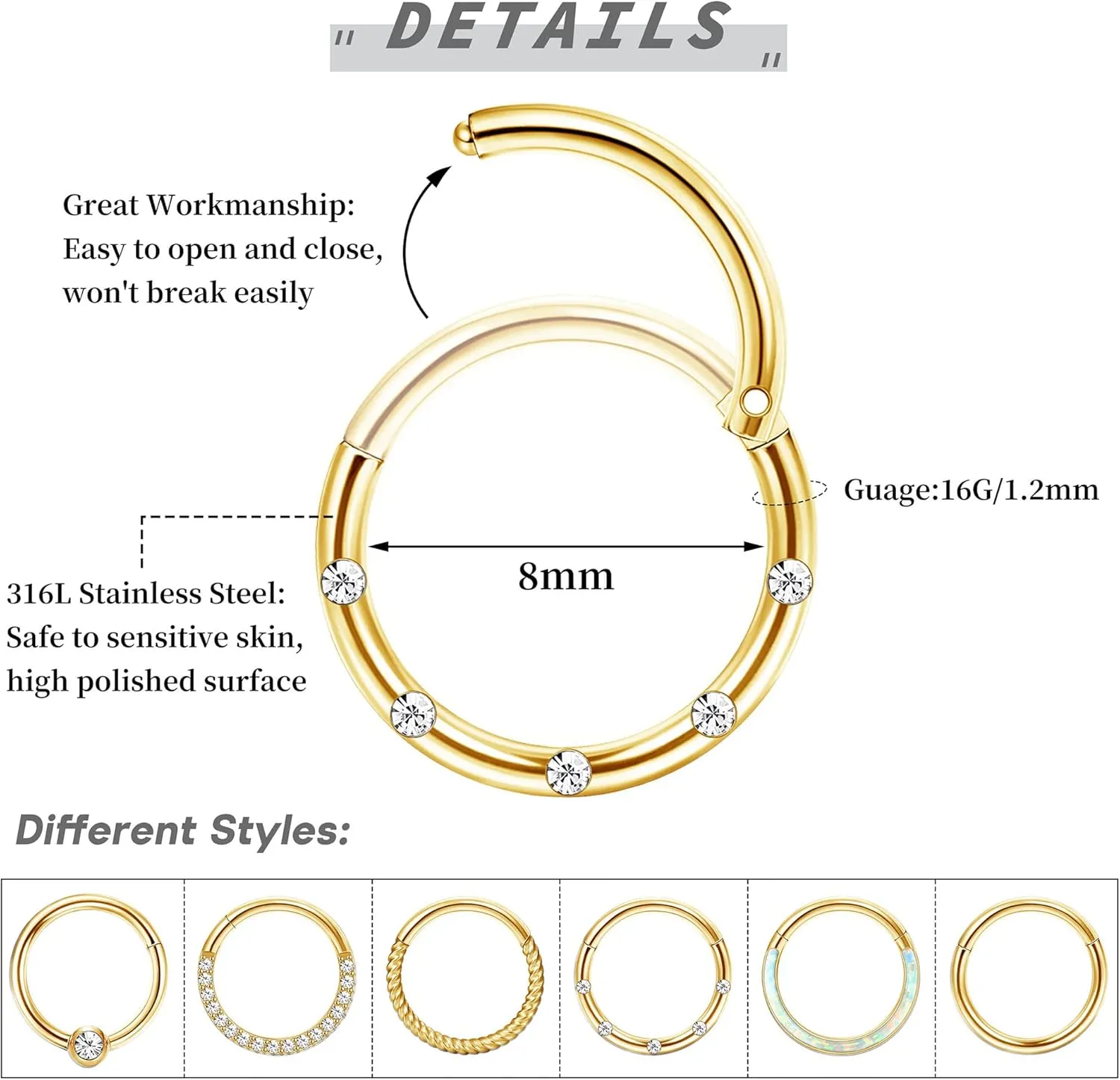 LOLIAS Septum Rings 16G 18G Surgical Steel Nose Rings Hoops for Women Seamless Clicker Hinged Segment Hoop Lip Nose Rings Conch Lip Helix Cartilage Earring Septum Jewelry Lip Nose Daith Hlix Piercing Jewelry 8MM 10MM 12MM