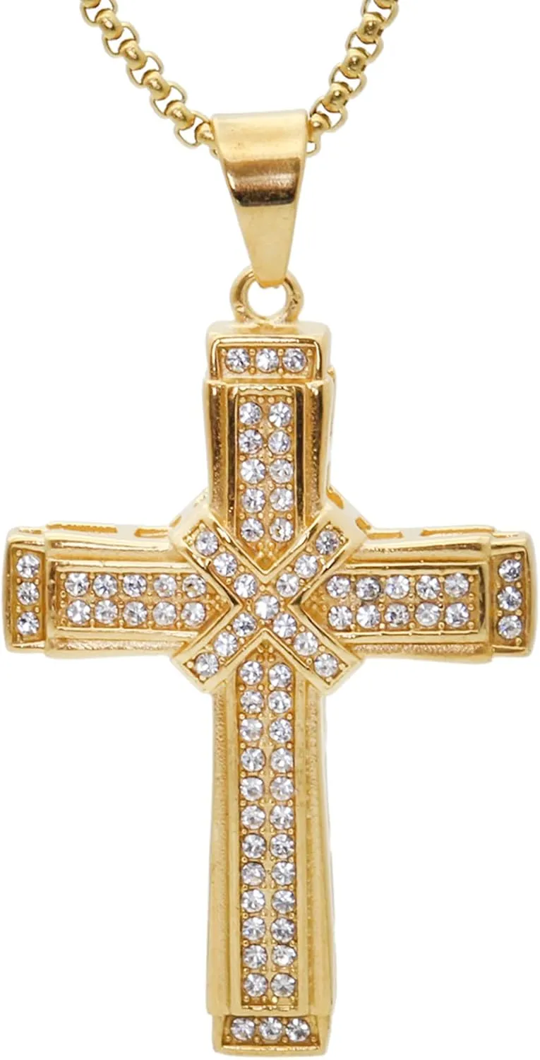 Mens and Womens Hip Hop Iced Out Rhinestones Necklace 18K Gold Plated Stainless Steel Cross Pendant Necklace