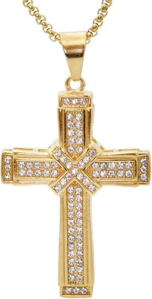 Mens and Womens Hip Hop Iced Out Rhinestones Necklace 18K Gold Plated Stainless Steel Cross Pendant Necklace