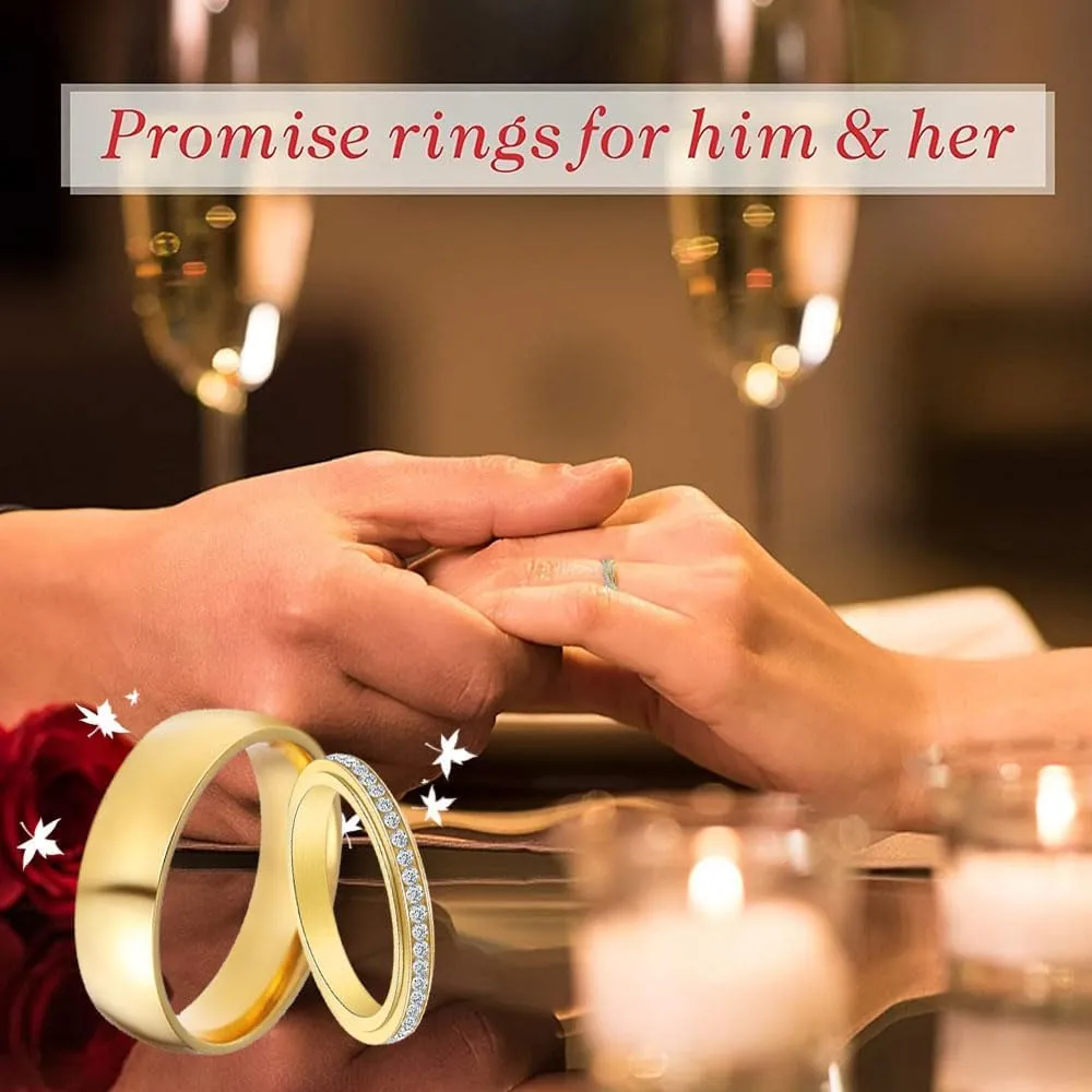 Personalized Matching Heart Wedding Rings Set - Him & Her Promise Rings with Names Engraved