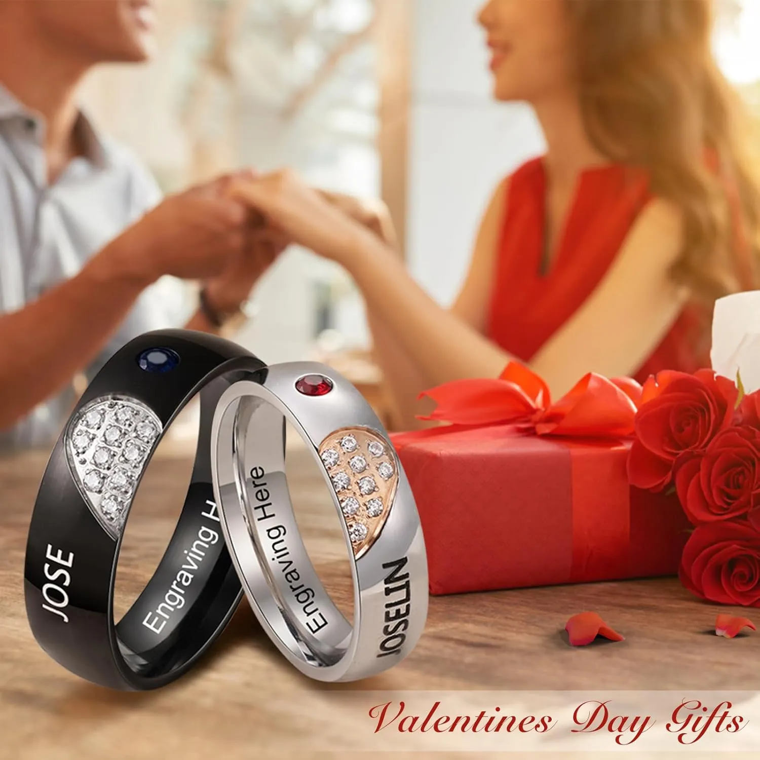 Personalized Promise Rings for Couples - Matching His & Hers Stainless Steel Wedding Ring Set
