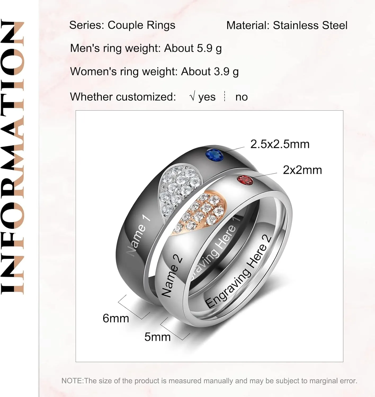 Personalized Promise Rings for Couples - Matching His & Hers Stainless Steel Wedding Ring Set