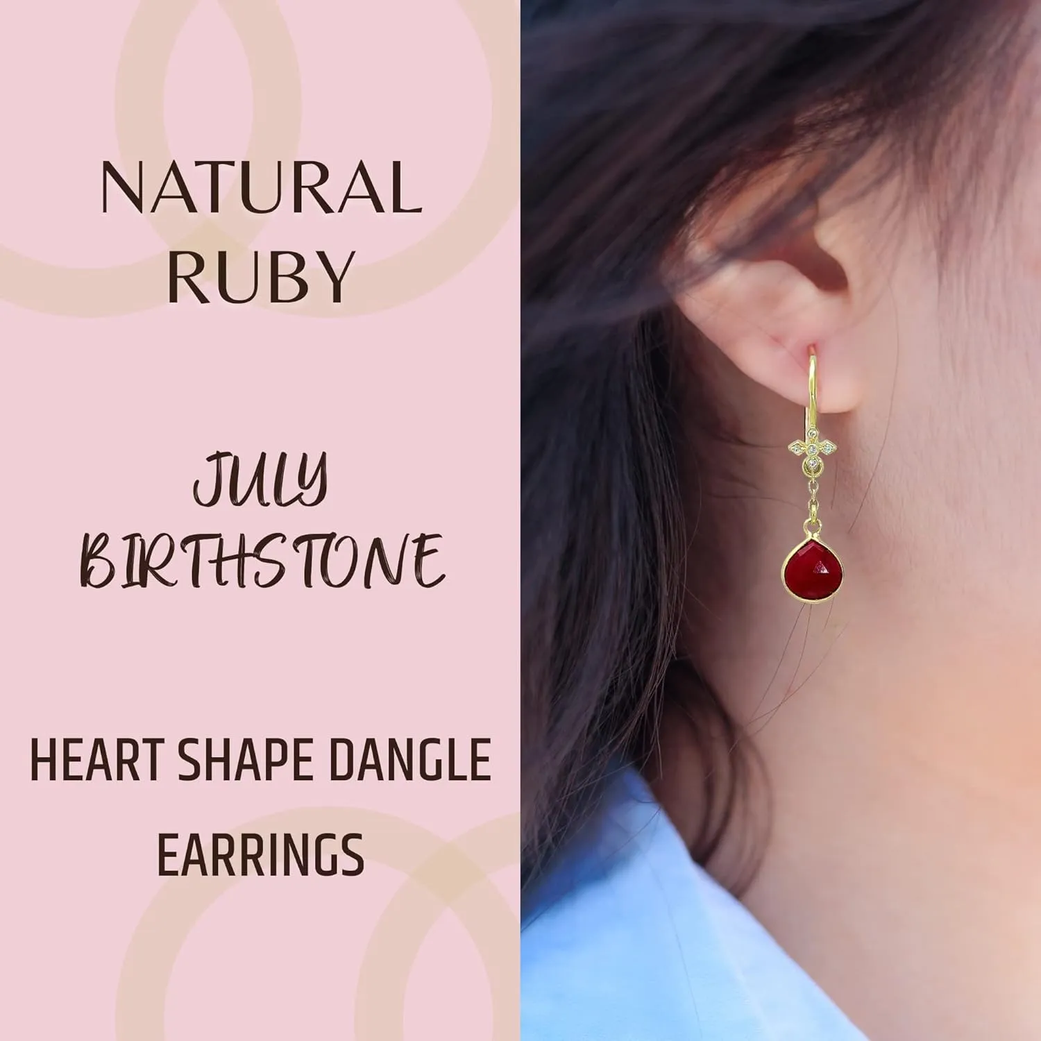 Ruby Earrings for Women in Heart Dangle Drop Shape - 18K Gold Vermeil, Certified 925 Sterling Silver Earring - Hypoallergenic Gold Jewelry for Women, Ideal Mothers Day Gifts, Birthday Gifts for Women