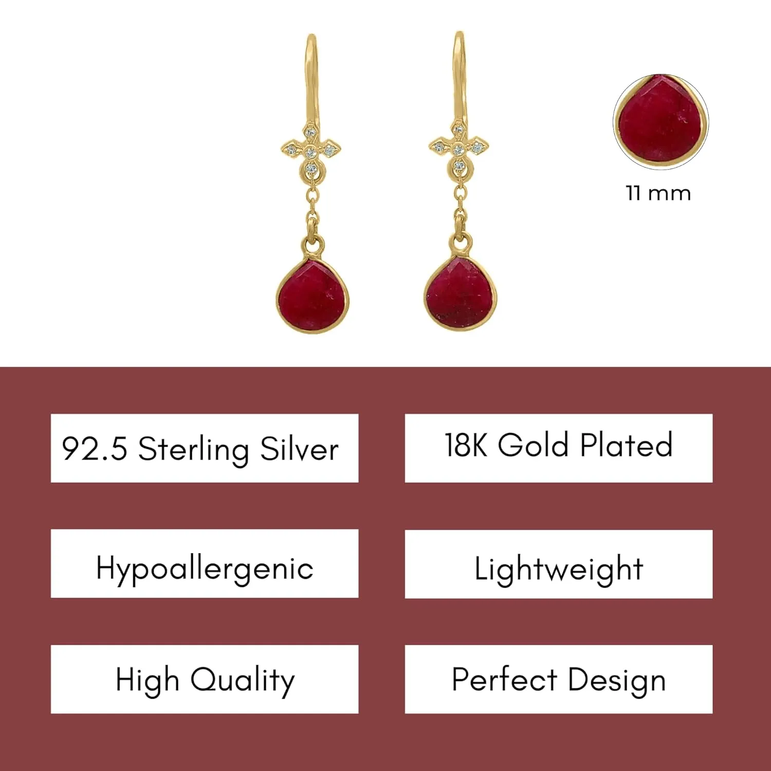 Ruby Earrings for Women in Heart Dangle Drop Shape - 18K Gold Vermeil, Certified 925 Sterling Silver Earring - Hypoallergenic Gold Jewelry for Women, Ideal Mothers Day Gifts, Birthday Gifts for Women