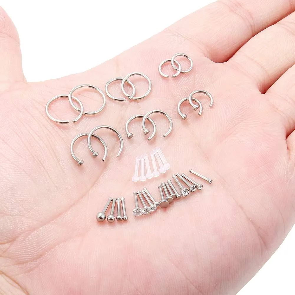 Ruifan 20G 18G Surgical Steel 1.5mm-3mm Flat Ball Clear Diamond CZ Nose Stud Rings Bone Pin Piercing Jewelry 16-34PCS