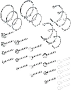 Ruifan 20G 18G Surgical Steel 1.5mm-3mm Flat Ball Clear Diamond CZ Nose Stud Rings Bone Pin Piercing Jewelry 16-34PCS