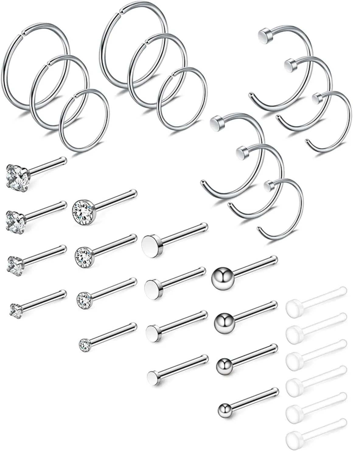 Ruifan 20G 18G Surgical Steel 1.5mm-3mm Flat Ball Clear Diamond CZ Nose Stud Rings Bone Pin Piercing Jewelry 16-34PCS