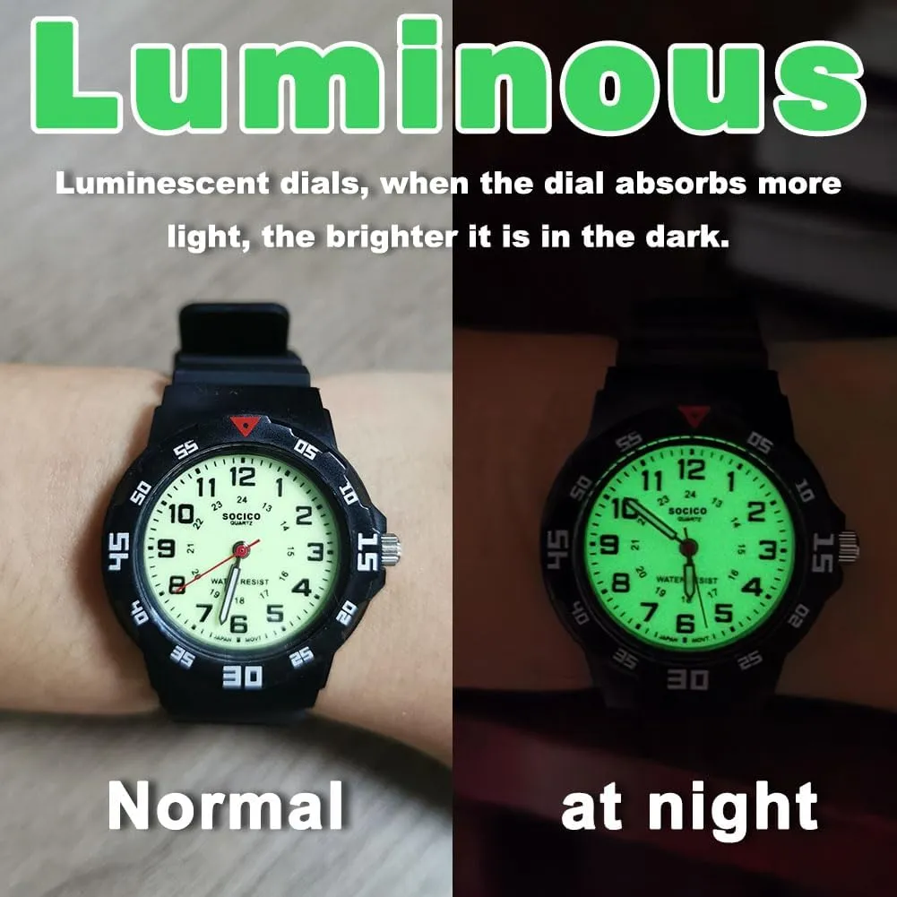 SOCICO Children Analog Watch for Boys Girls Waterproof Time Teaching Watch with Soft Band, Learning Time Wrist Watch Easy to Read Christmas Gifts for Kids Ages 3-12 Great Gifts