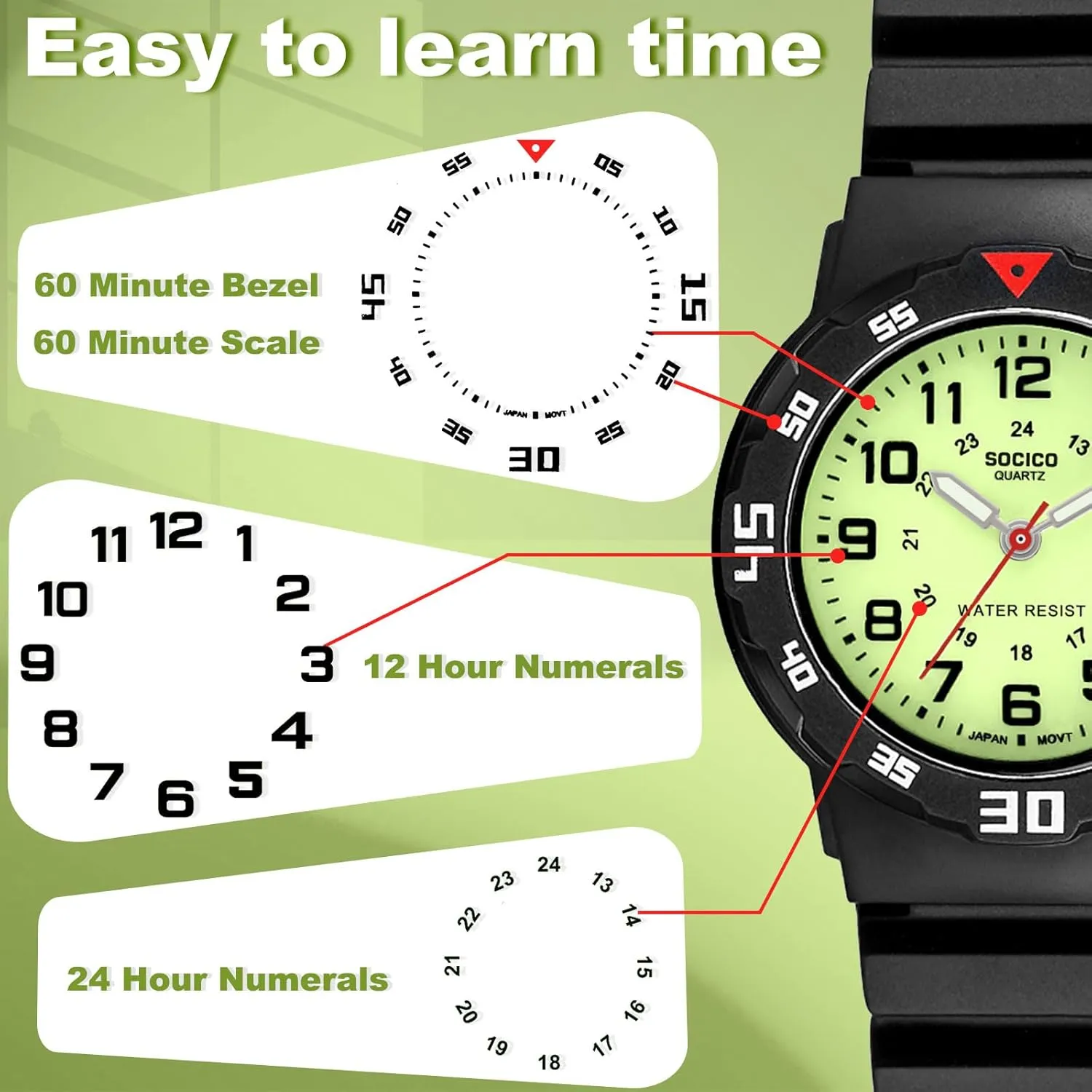 SOCICO Children Analog Watch for Boys Girls Waterproof Time Teaching Watch with Soft Band, Learning Time Wrist Watch Easy to Read Christmas Gifts for Kids Ages 3-12 Great Gifts
