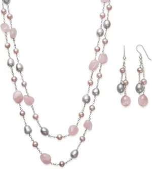 Sterling Silver Pink Cultured Freshwater Pearl and Rose Quartz Dangle Drop Earrings