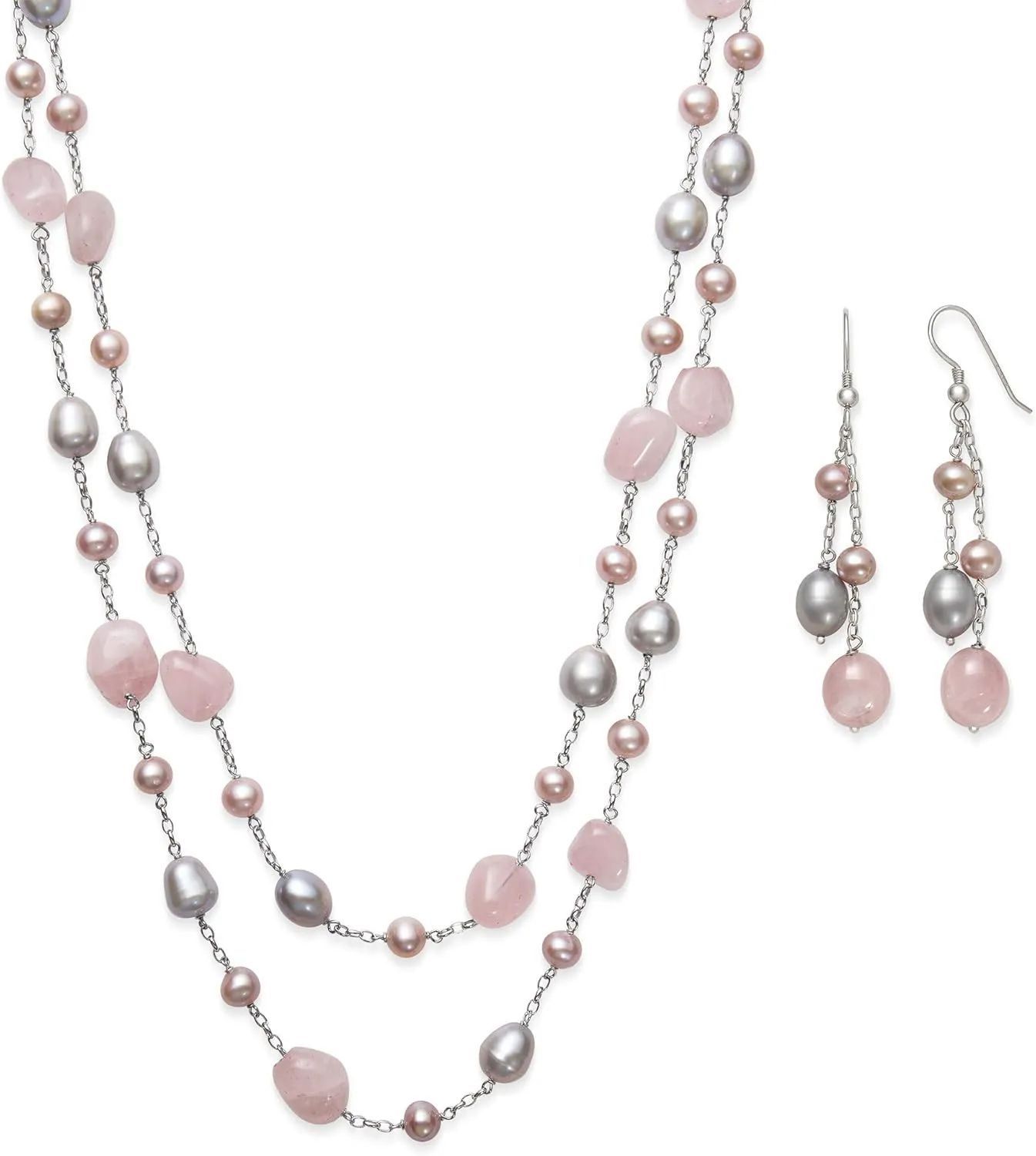 Sterling Silver Pink Cultured Freshwater Pearl and Rose Quartz Dangle Drop Earrings