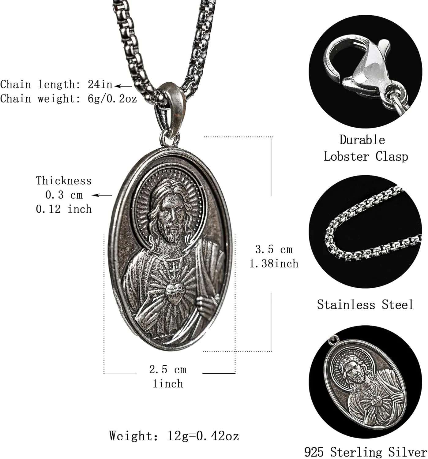 Sterling Silver Saint Benedict/Virgin Mary/Sacred Heart of Jesus Pendant Necklace for Men Women, St Benedict Medal/Lady of Guadalupe/Jesus Necklace Religious Christmas Gift