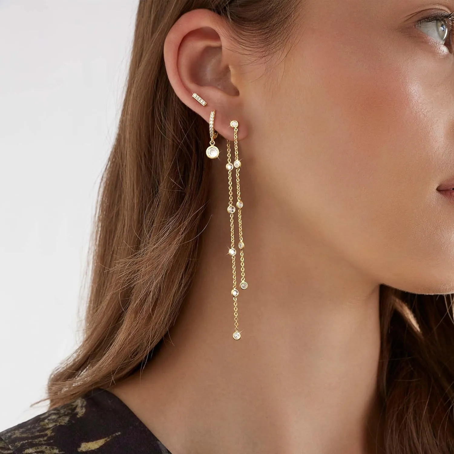 Tewiky Gold Chain Earrings for Women Dainty Long Dangle Chain Earring Set, Hypoallergenic Hoop Cubic Zirconia Stud Earring Stack, Chain Drop Earrings Jewelry Trendy for Women 3 Pairs