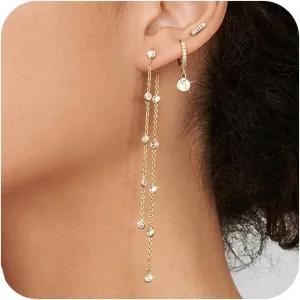 Tewiky Gold Chain Earrings for Women Dainty Long Dangle Chain Earring Set, Hypoallergenic Hoop Cubic Zirconia Stud Earring Stack, Chain Drop Earrings Jewelry Trendy for Women 3 Pairs