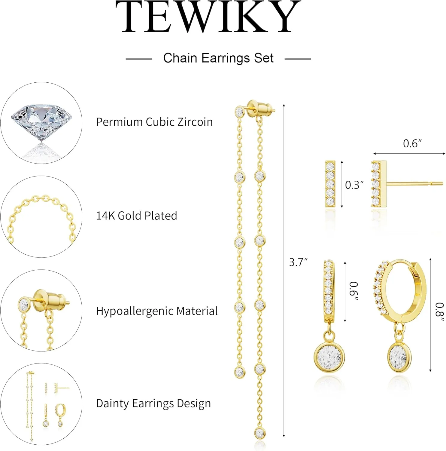 Tewiky Gold Chain Earrings for Women Dainty Long Dangle Chain Earring Set, Hypoallergenic Hoop Cubic Zirconia Stud Earring Stack, Chain Drop Earrings Jewelry Trendy for Women 3 Pairs
