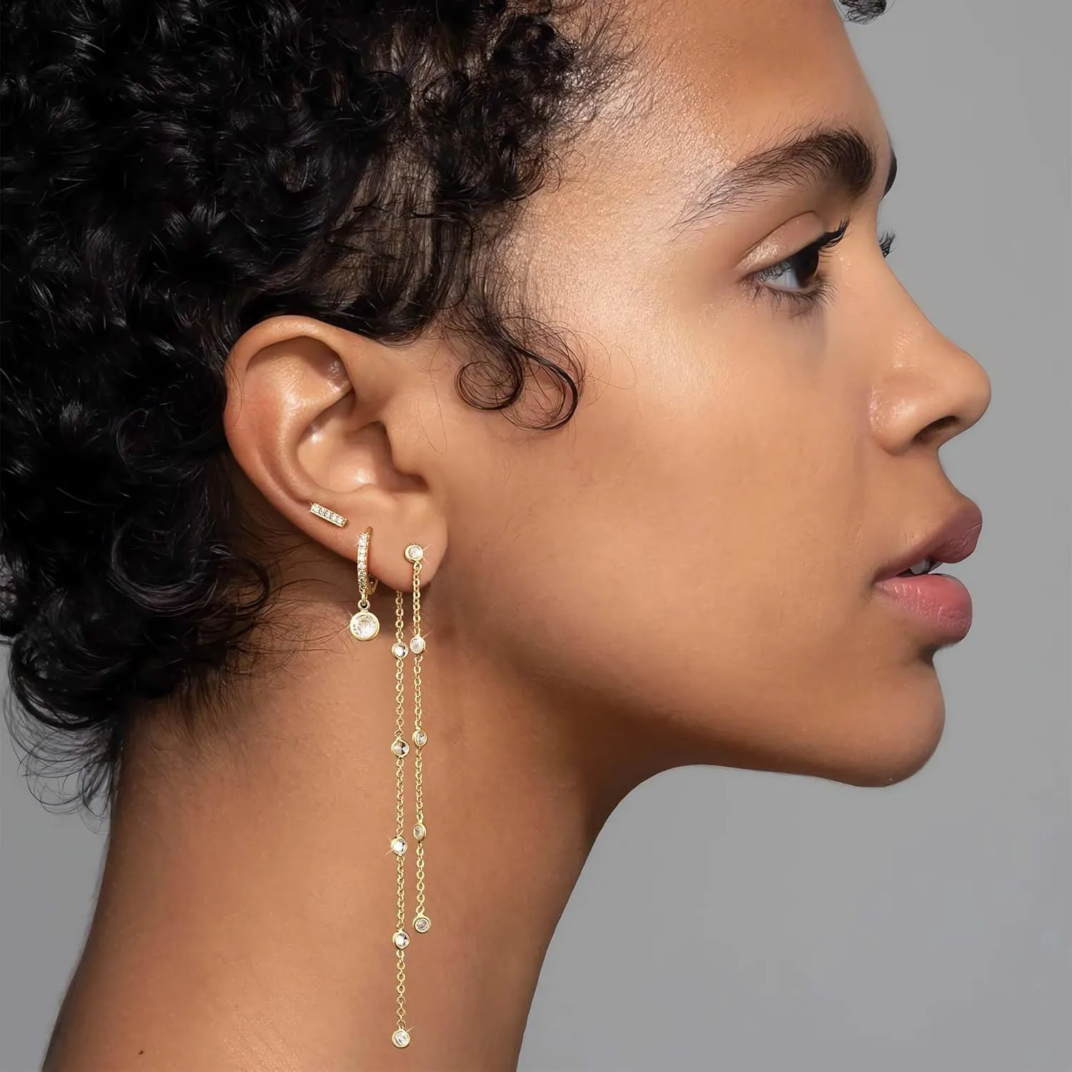 Tewiky Gold Chain Earrings for Women Dainty Long Dangle Chain Earring Set, Hypoallergenic Hoop Cubic Zirconia Stud Earring Stack, Chain Drop Earrings Jewelry Trendy for Women 3 Pairs