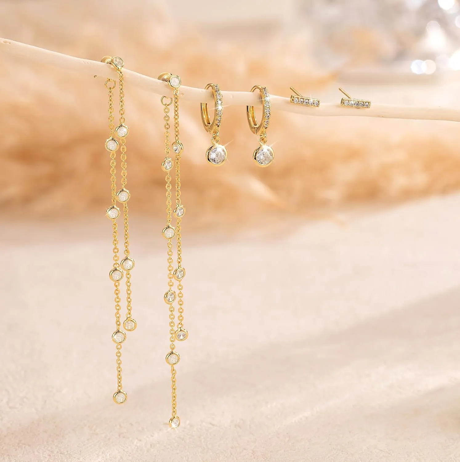 Tewiky Gold Chain Earrings for Women Dainty Long Dangle Chain Earring Set, Hypoallergenic Hoop Cubic Zirconia Stud Earring Stack, Chain Drop Earrings Jewelry Trendy for Women 3 Pairs