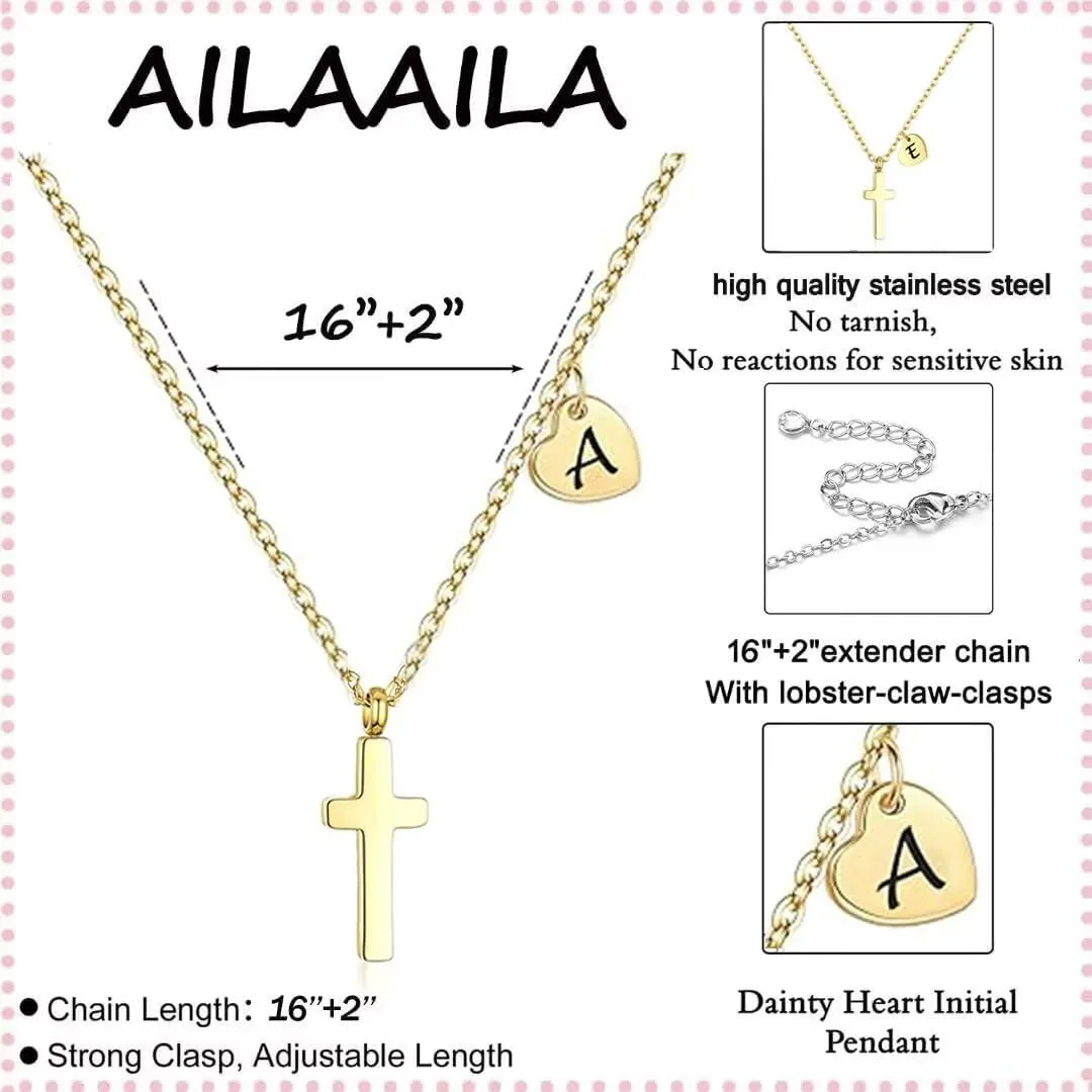Tiny Cross Necklace for Girls | Heart Initial Necklace Women| Heart Birthstone Necklace | Letter Stainless Steel Pendant Jewelry First Communion Baptism Gifts Christmas Birthday Gifts