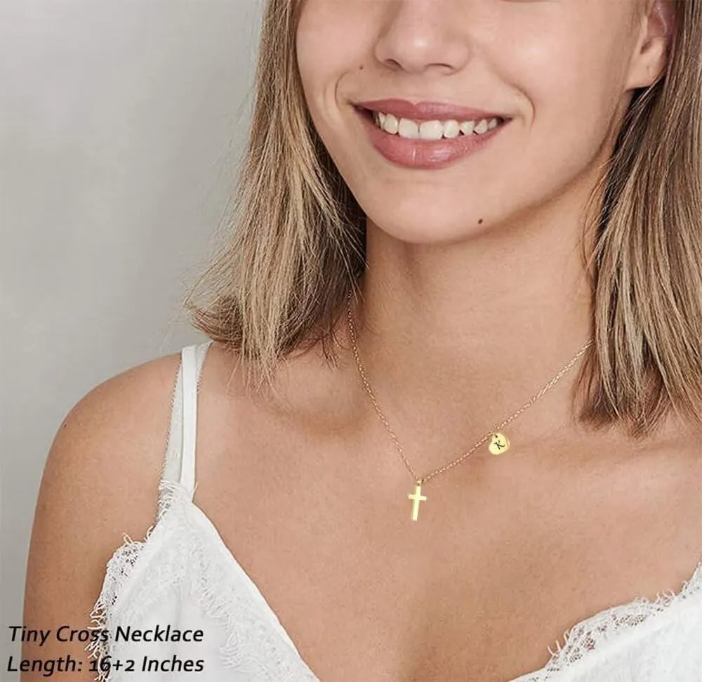 Tiny Cross Necklace for Girls | Heart Initial Necklace Women| Heart Birthstone Necklace | Letter Stainless Steel Pendant Jewelry First Communion Baptism Gifts Christmas Birthday Gifts