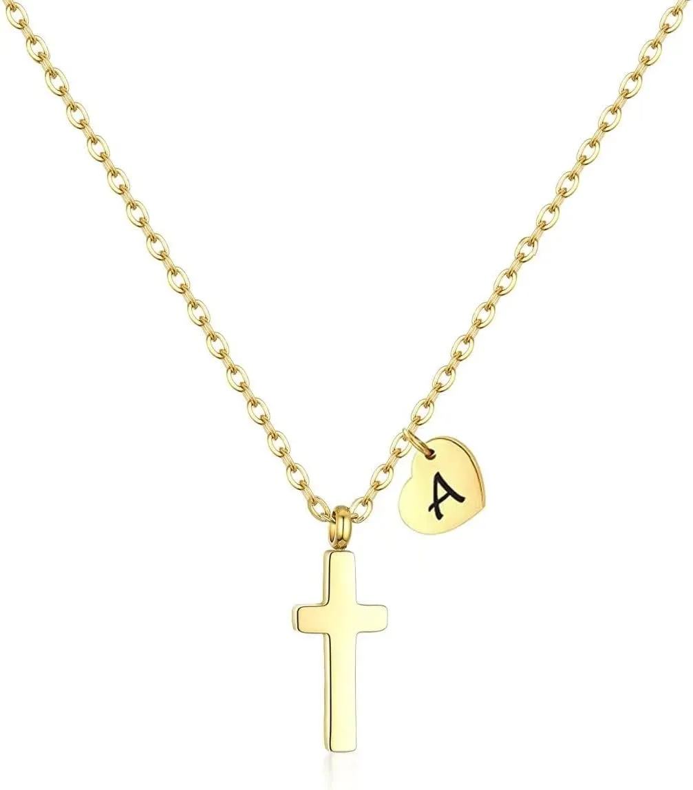 Tiny Cross Necklace for Girls | Heart Initial Necklace Women| Heart Birthstone Necklace | Letter Stainless Steel Pendant Jewelry First Communion Baptism Gifts Christmas Birthday Gifts