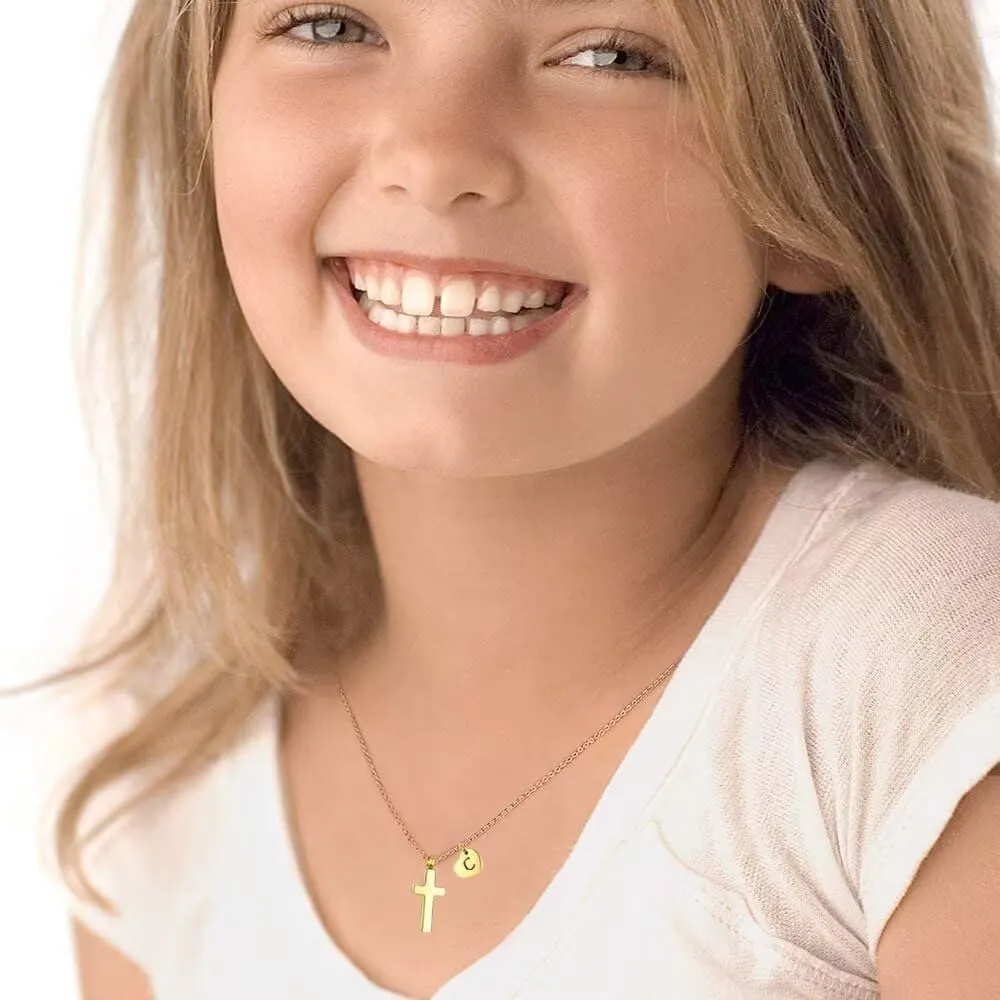 Tiny Cross Necklace for Girls | Heart Initial Necklace Women| Heart Birthstone Necklace | Letter Stainless Steel Pendant Jewelry First Communion Baptism Gifts Christmas Birthday Gifts