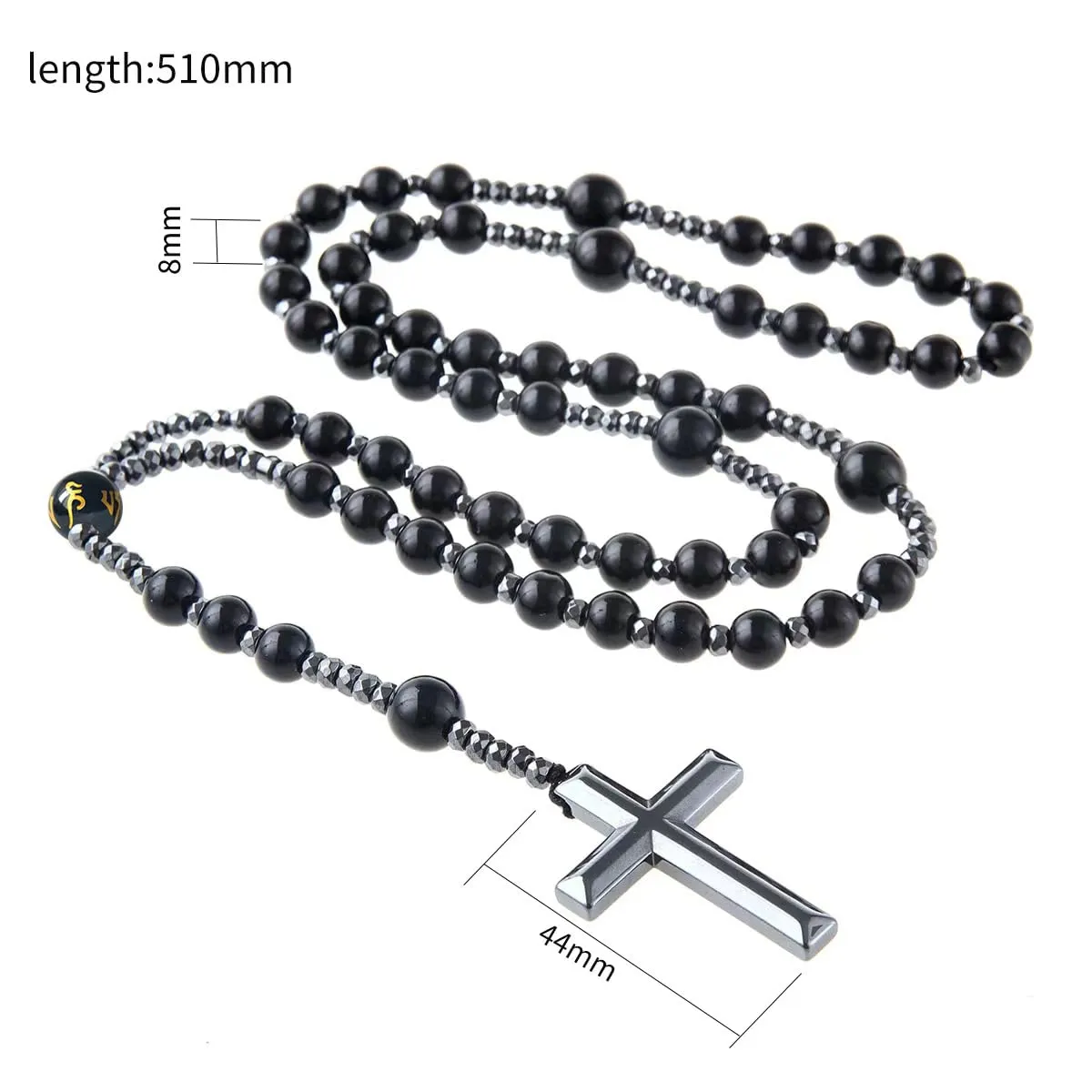 Triple Protection Necklace with Six Character Motto Bead, Obsidian, and Hematite - Stylish Men's Cross Necklace and Women's Y-Shaped Sweater Chain An Anxiety Relief Beaded Necklace. (Black Obsidian)