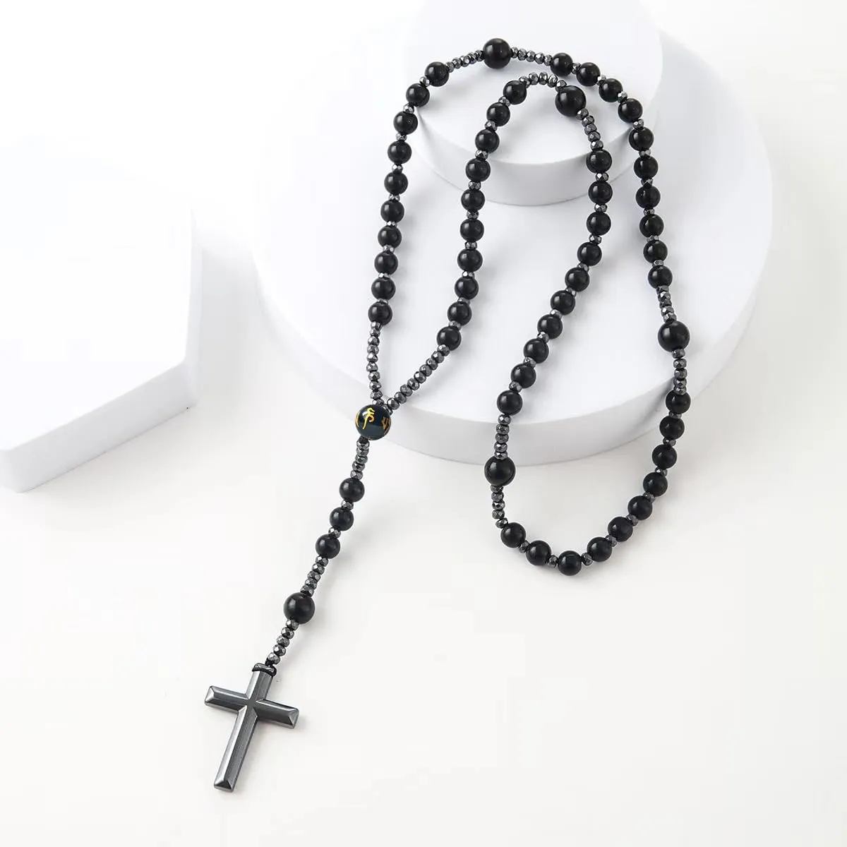 Triple Protection Necklace with Six Character Motto Bead, Obsidian, and Hematite - Stylish Men's Cross Necklace and Women's Y-Shaped Sweater Chain An Anxiety Relief Beaded Necklace. (Black Obsidian)