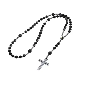 Triple Protection Necklace with Six Character Motto Bead, Obsidian, and Hematite - Stylish Men's Cross Necklace and Women's Y-Shaped Sweater Chain An Anxiety Relief Beaded Necklace. (Black Obsidian)