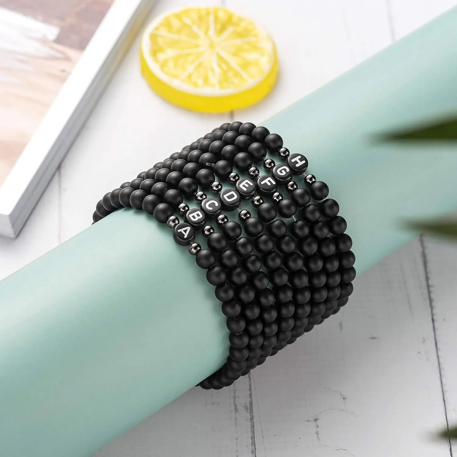 XIA YAN 6mm Black Onyx and White Howlite Handmade Letter Beads Bracelets for Women Men Initial Bracelets Gifts for Women (Couples Bracelets,Friendship Bracelets)